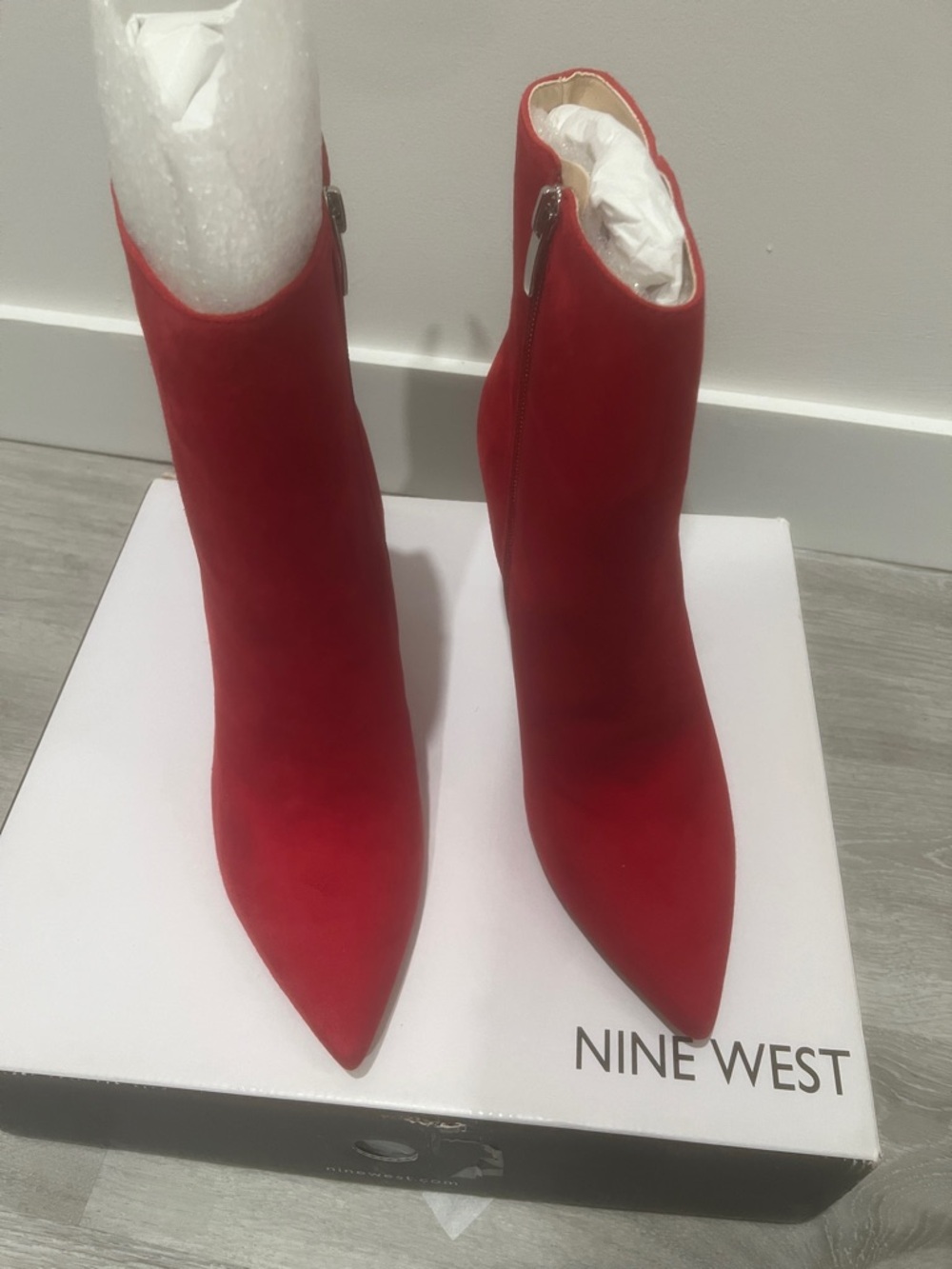 Red Suede Pointed Toe Ankle Booties with Side Zip ( Amina Muaddi ) inspired heel